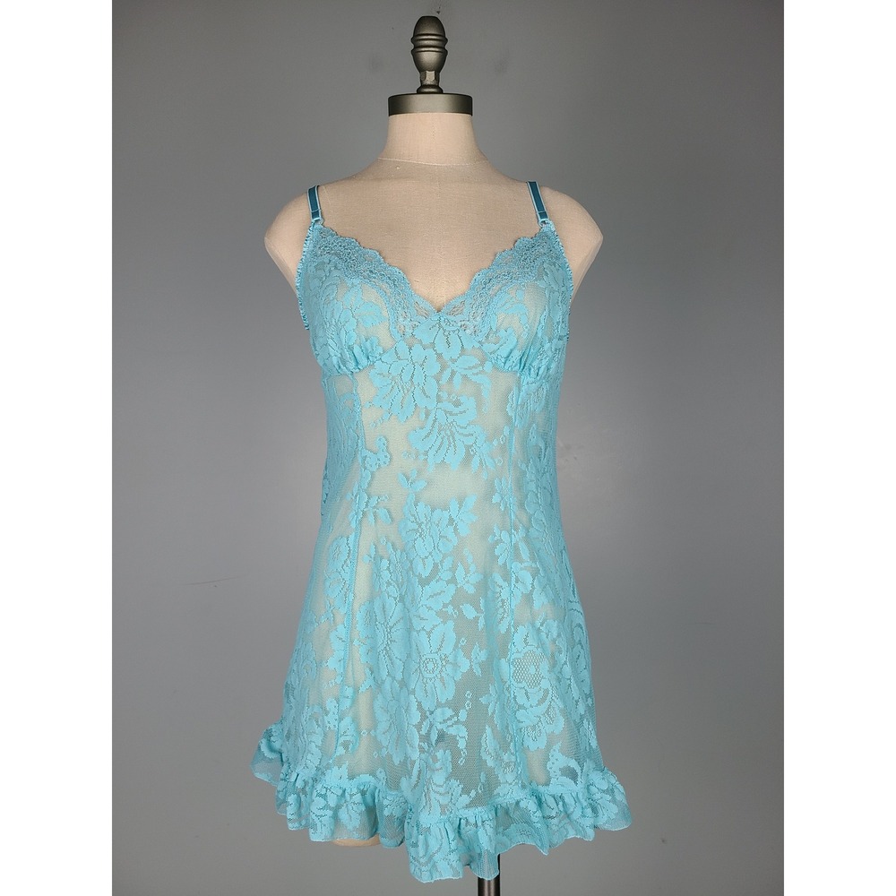 VTG Y2K Victoria's Secret Sz M Babydoll Dress Sheer Lace Blue‎ McBling It Girl